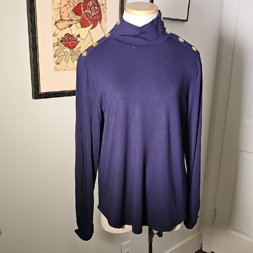 Navy Blue Long Sleeve Turtleneck Top with Gold Buttons Shoulders. NWT BY Cuio XL